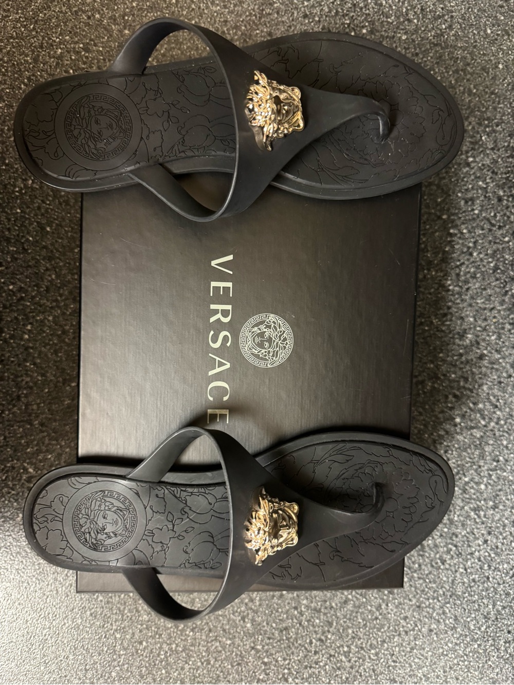 Versace Black and Light Gold Flap Sandals Box Label - Picture 2 of 4